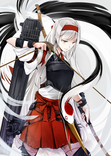 Anime picture 624x876 with kantai collection shoukaku aircraft carrier camel000 tall image fringe smile red eyes standing holding very long hair traditional clothes japanese clothes pleated skirt grey hair looking down front-tie top remodel (kantai collection) girl skirt gloves