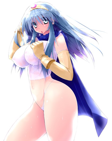 Anime picture 1113x1400 with dragon quest sage (dq3) scatter milk (artist) single long hair tall image blush breasts open mouth blue eyes light erotic simple background large breasts white background blue hair girl gloves navel underwear panties