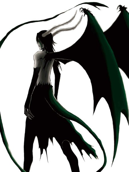 Anime picture 1200x1600 with bleach studio pierrot ulquiorra schiffer mr. her (artist) single tall image short hair open mouth black hair simple background white background green eyes tail horn (horns) back bat wings espada arrancar boy wings