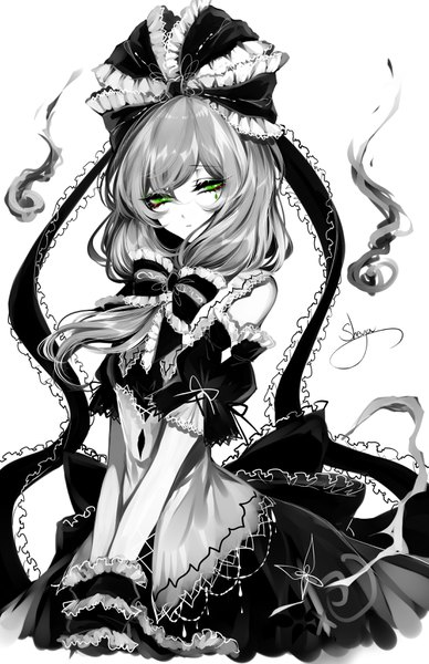 Anime picture 2200x3400 with touhou kagiyama hina sheya single long hair tall image looking at viewer fringe highres simple background white background bare shoulders green eyes signed upper body short sleeves puffy sleeves outstretched arm monochrome bound hands