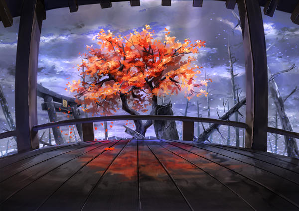 Anime picture 5733x4050 with original hamanashi (trapiorra) highres absurdres cloud (clouds) sunlight no people bare tree autumn plant (plants) tree (trees) leaf (leaves) autumn leaves torii maple leaf
