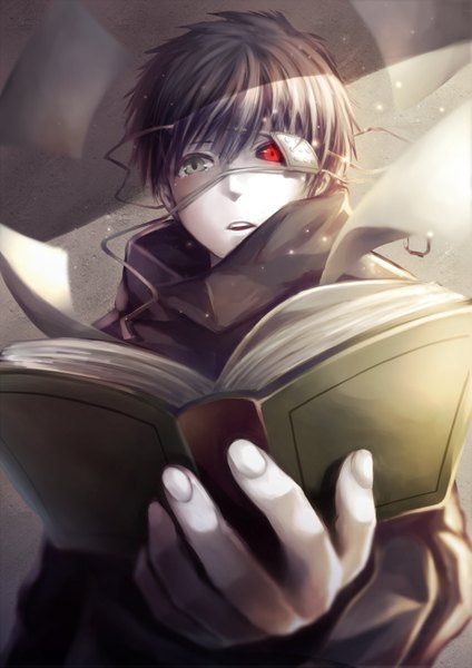 Anime picture 1240x1753 with tokyo ghoul studio pierrot kaneki ken kiyo (chaoschyan) single tall image fringe short hair open mouth black hair hair between eyes red eyes standing holding green eyes upper body fingernails teeth heterochromia looking down