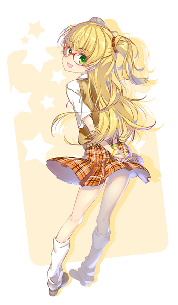 Anime picture 527x900 with idolmaster idolmaster cinderella girls jougasaki rika hong (white spider) single long hair tall image blush fringe open mouth blonde hair smile green eyes nail polish looking back fingernails from behind two side up plaid skirt hands behind back