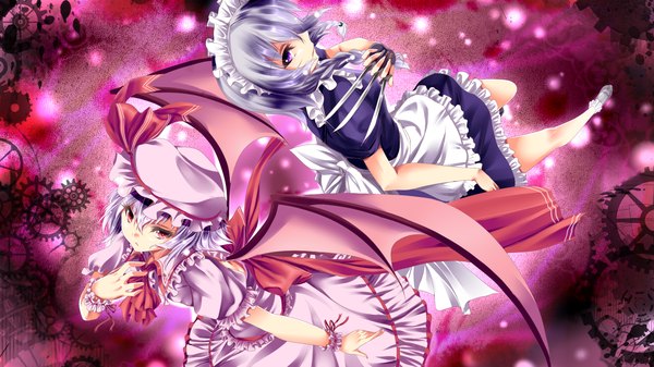 Anime picture 1920x1080 with touhou remilia scarlet izayoi sakuya k liss s highres short hair red eyes wide image purple eyes multiple girls silver hair braid (braids) maid twin braids girl dress bow 2 girls wings frills