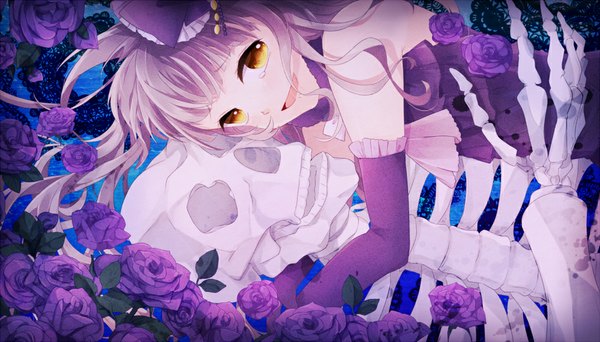 Anime picture 1000x570 with vocaloid mayu (vocaloid) ikari (aor3507) single long hair looking at viewer open mouth smile wide image bare shoulders yellow eyes purple hair hug crying gothic girl gloves flower (flowers) rose (roses) skull