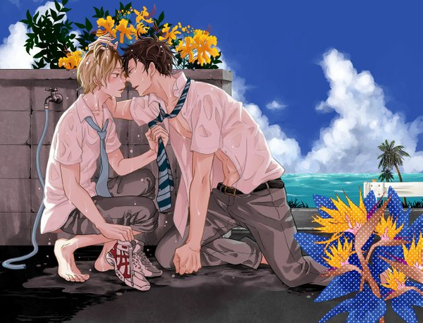 Anime picture 1201x918 with haikyuu!! production i.g kuroo tetsurou kozume kenma tagme (artist) blush short hair blonde hair brown hair cloud (clouds) barefoot open clothes wet open shirt no shoes wet clothes hand on head shounen ai almost kiss necktie grab