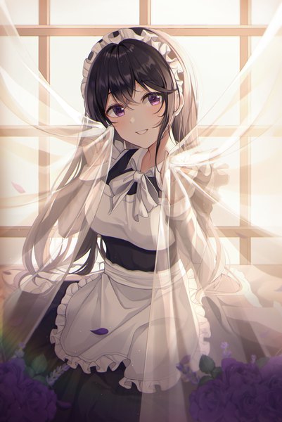 Anime picture 2999x4488 with original yulha 06 single long hair tall image looking at viewer blush fringe highres black hair smile hair between eyes standing holding indoors long sleeves parted lips head tilt maid backlighting