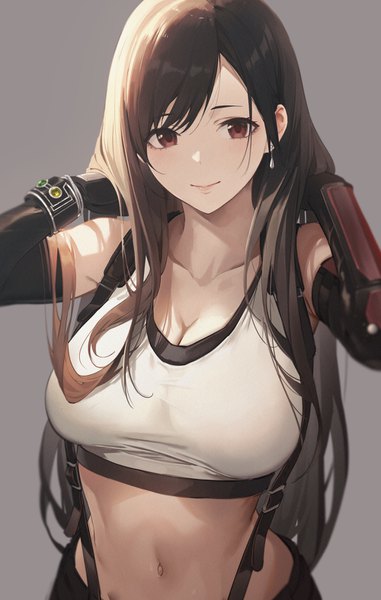 Anime picture 1000x1574 with final fantasy final fantasy vii final fantasy vii remake square enix tifa lockhart sola (solo0730) single long hair tall image looking at viewer blush fringe breasts light erotic smile brown hair standing bare shoulders brown eyes cleavage