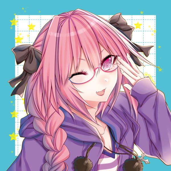 Anime picture 800x800 with fate (series) fate/apocrypha astolfo (fate) shisei (kyuushoku banchou) single long hair looking at viewer blush open mouth smile purple eyes pink hair upper body white hair braid (braids) :d one eye closed multicolored hair fingernails wink
