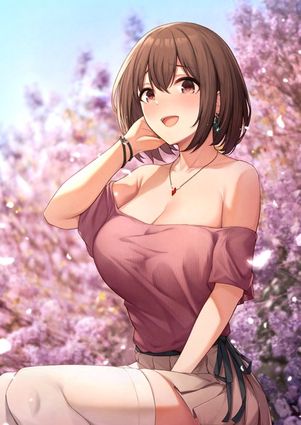 Anime picture 992x1400 with princess connect! re:dive princess connect! yui (princess connect!) yui (real) (princess connect!) kannko bokujou single tall image looking at viewer blush fringe short hair breasts open mouth light erotic smile hair between eyes brown hair large breasts sitting bare shoulders