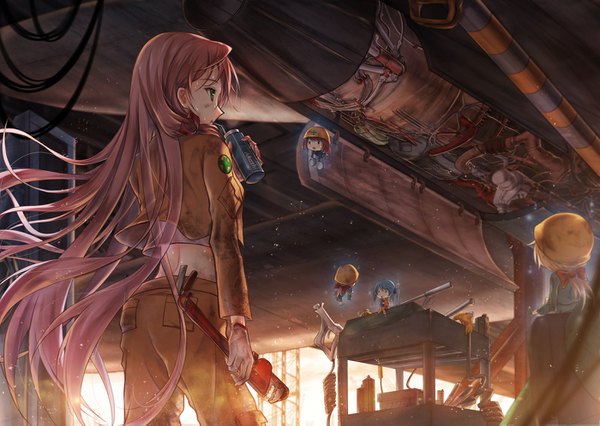 Anime picture 1400x995 with kantai collection fairy (kantai collection) akashi repair ship bae.c fringe blonde hair brown hair sitting twintails multiple girls holding green eyes blue hair looking away pink hair very long hair long sleeves profile sunlight blurry
