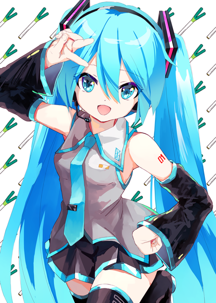 Anime picture 1000x1403 with vocaloid hatsune miku takepon1123 single tall image looking at viewer fringe open mouth hair between eyes twintails very long hair :d pleated skirt aqua eyes aqua hair hand on hip victory girl skirt detached sleeves