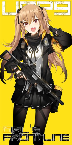 Anime picture 550x1100 with girls frontline ump9 (girls frontline) ress single long hair tall image looking at viewer blush fringe open mouth simple background blonde hair hair between eyes twintails holding long sleeves head tilt :d pleated skirt pink eyes