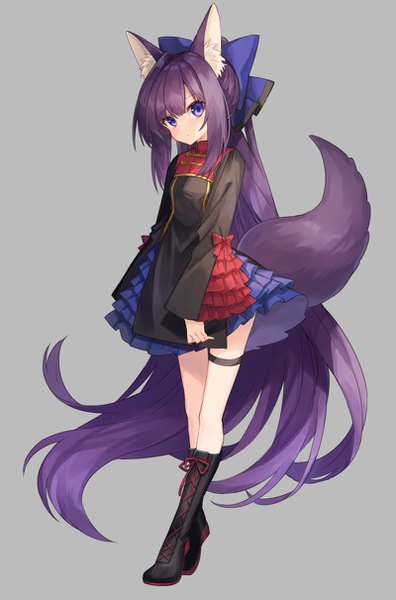 Anime picture 800x1212 with original coyucom single tall image looking at viewer simple background purple eyes animal ears payot purple hair full body ponytail tail very long hair animal tail grey background fox ears fox tail fox girl girl