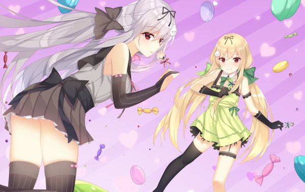 Anime picture 6114x3858 with niliu chahui tokisaki mio tokisaki asaba jyt long hair looking at viewer blush highres blonde hair smile red eyes twintails bare shoulders multiple girls absurdres silver hair siblings sisters girl thighhighs
