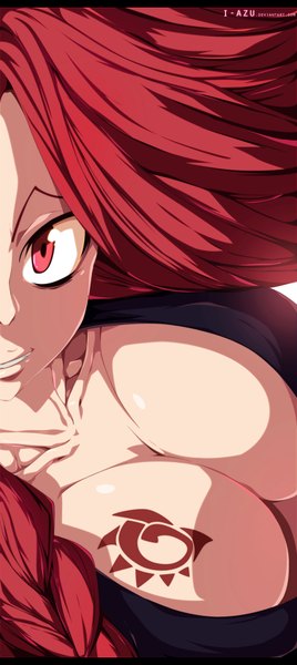 Anime picture 802x1790 with fairy tail flare corona i-azu single long hair tall image breasts light erotic smile red eyes large breasts red hair braid (braids) tattoo coloring close-up girl