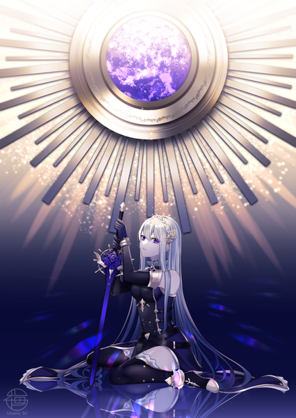 Anime picture 853x1200 with original umeno shii single tall image fringe breasts blue eyes hair between eyes sitting holding silver hair full body bent knee (knees) braid (braids) very long hair parted lips arms up high heels covered navel wariza