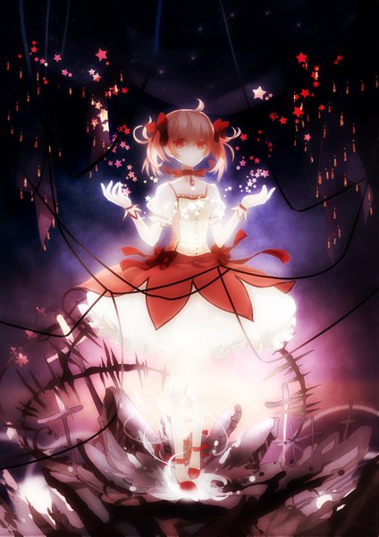 Anime picture 1000x1415 with mahou shoujo madoka magica shaft (studio) kaname madoka evemace single tall image short hair red eyes twintails pink hair short twintails girl dress gloves bow star (symbol)