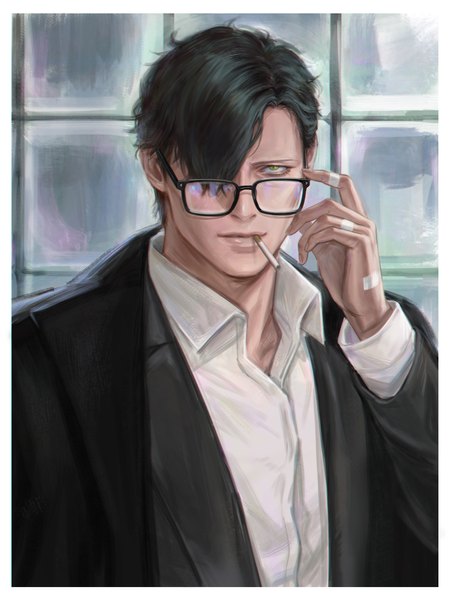 Anime picture 1671x2229 with fire emblem fire emblem: three houses nintendo hubert von vestra vestradog single tall image looking at viewer fringe short hair black hair holding green eyes long sleeves hair over one eye mouth hold adjusting glasses bespectacled boy glasses