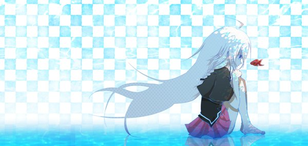 Anime picture 2100x1000 with vocaloid ia (vocaloid) usaniwa single long hair highres wide image sitting white hair profile underwater girl skirt uniform school uniform animal fish (fishes) pink skirt