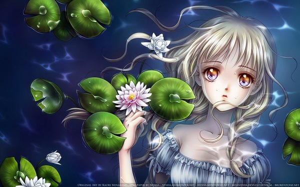 Anime picture 1920x1200 with minakami kaori missnysha highres blue eyes blonde hair wide image bare shoulders signed lying wet wallpaper single braid girl flower (flowers) water water lily