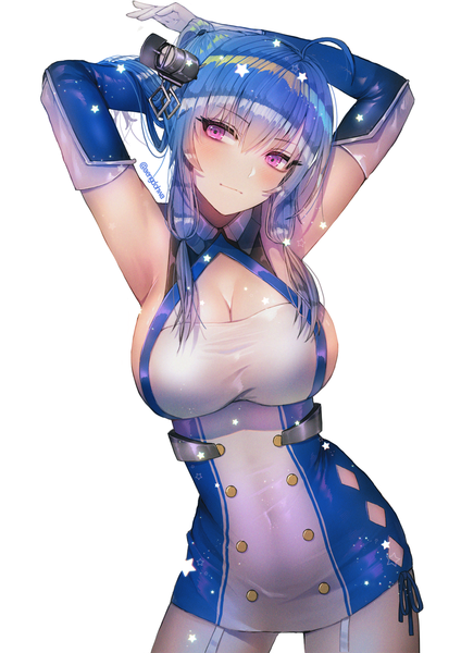 Anime picture 1061x1500 with azur lane st. louis (azur lane) hanato (seonoaiko) single long hair tall image blush fringe breasts light erotic simple background hair between eyes large breasts white background purple eyes signed payot blue hair looking away cleavage