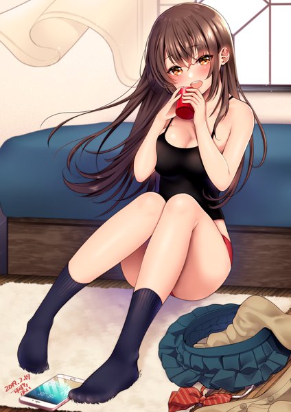 Anime picture 2894x4093 with original yuzuri ai single long hair tall image looking at viewer blush fringe highres breasts open mouth light erotic smile hair between eyes brown hair sitting holding cleavage full body indoors