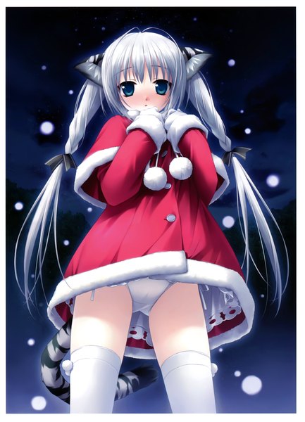 Anime picture 4544x6299 with original hashimoto takashi long hair tall image blush highres blue eyes light erotic twintails animal ears absurdres silver hair animal tail girl thighhighs underwear panties black thighhighs