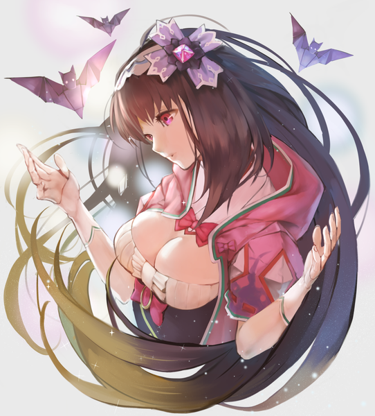 Anime picture 955x1056 with fate (series) fate/grand order osakabe-hime (fate/grand order) ha2ru single long hair tall image breasts light erotic black hair large breasts purple eyes looking away cleavage upper body profile from above girl hairband origami