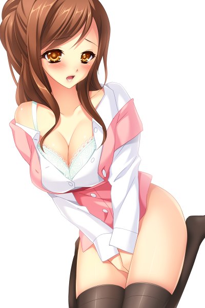 Anime picture 800x1200 with original momoi komomo single long hair tall image blush open mouth light erotic simple background brown hair white background brown eyes girl thighhighs black thighhighs lingerie bra white bra