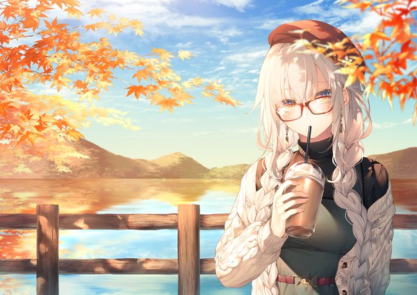 Anime picture 1447x1023 with original toosaka asagi single long hair looking at viewer blush fringe hair between eyes standing holding yellow eyes sky silver hair cloud (clouds) outdoors braid (braids) long sleeves sunlight off shoulder open clothes
