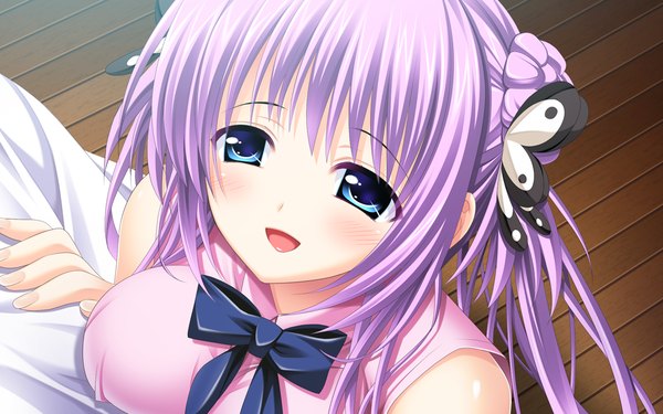 Anime picture 1054x659 with scramble lovers aoi yui ariko youichi long hair blush breasts open mouth blue eyes smile large breasts twintails bare shoulders game cg purple hair hug looking up close-up girl boy hair ornament