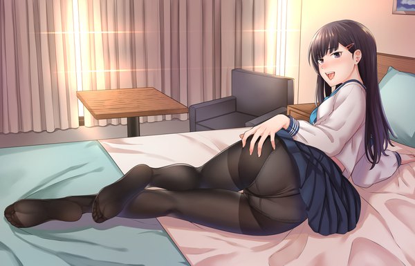 Anime picture 2047x1315 with original kyuuso inukami single long hair looking at viewer blush fringe highres open mouth light erotic brown hair purple eyes looking away full body ass indoors lying long sleeves looking back no shoes