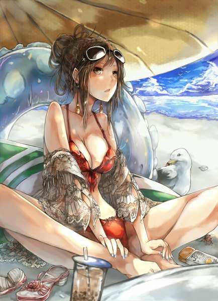 Anime picture 800x1104 with original honoo (j1991713) single long hair tall image breasts open mouth light erotic brown hair sitting brown eyes looking away sky cleavage nail polish barefoot fingernails beach indian style girl