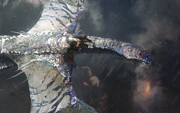 Аниме картинка 1100x690 с оригинальное изображение tiger1313 чёрные волосы полёт девушка крылья вода дракон