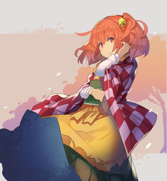 Anime picture 1200x1300 with touhou motoori kosuzu rin falcon single tall image looking at viewer short hair red eyes standing red hair wind two side up adjusting hair checkered hair bell girl book (books) bell jingle bell