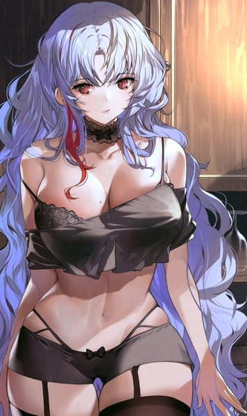 Anime picture 1484x2500 with azur lane tallinn (azur lane) tallinn (nostalgic pilsner) (azur lane) nike1060 single long hair tall image fringe breasts light erotic red eyes large breasts standing bare shoulders looking away cleavage silver hair indoors multicolored hair mole