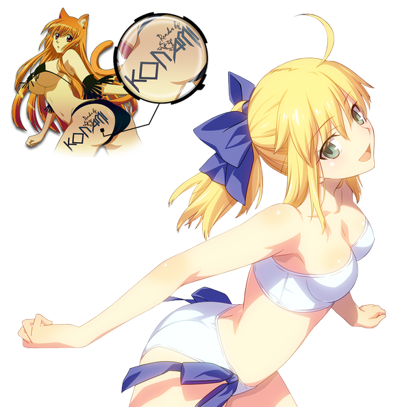 Anime picture 1136x1125 with fate/stay night studio deen artoria pendragon (all) saber konamixx (artist) single short hair light erotic blonde hair smile aqua eyes transparent background rendered girl bow swimsuit hair bow