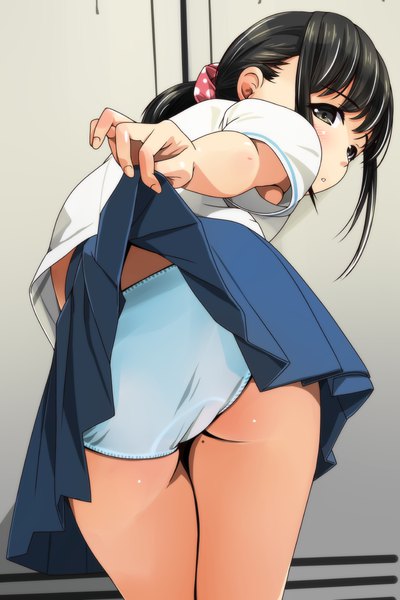 Anime picture 800x1200 with original matsunaga kouyou single long hair tall image looking at viewer blush fringe light erotic black hair holding payot ass pleated skirt looking back from behind mole :o grey eyes leaning