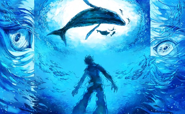 Anime-Bild 2290x1410 mit kaijuu no kodomo yongkang highres short hair wide image from behind multiview underwater silhouette eyes boy animal fish (fishes) people whale