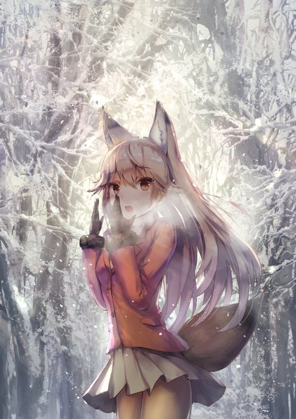 Anime picture 1447x2047 with kemono friends ezo red fox (kemono friends) missle228 single long hair tall image looking at viewer fringe open mouth blonde hair hair between eyes animal ears tail animal tail sunlight :o orange eyes fox ears fox tail fox girl