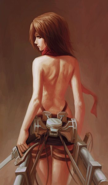 Anime picture 700x1199 with shingeki no kyojin production i.g mikasa ackerman yinanhuanle single tall image fringe short hair light erotic red eyes brown hair standing holding looking back wind lips back topless dual wielding girl