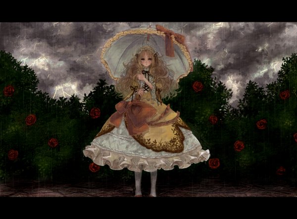 Anime picture 1220x900 with original pisuke single long hair blonde hair letterboxed rain lightning curly hair girl dress flower (flowers) bow rose (roses) umbrella bonnet