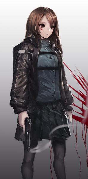 Anime picture 987x2000 with original fixro2n single long hair tall image brown hair standing holding brown eyes looking away pleated skirt grey background open clothes open jacket gradient background looking down smoke expressionless blood on face blood stains