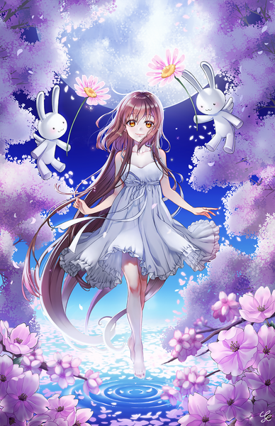 Anime picture 1000x1544 with original unjem single tall image looking at viewer blush fringe smile hair between eyes brown hair signed yellow eyes payot full body very long hair barefoot wind night sparkle flying