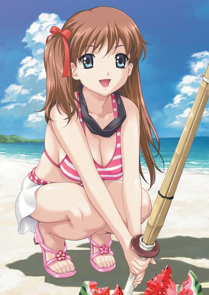 Anime picture 1200x1690 with resort boin amamiya momona tall image open mouth blue eyes light erotic brown hair sky beach one side up girl ribbon (ribbons) swimsuit hair ribbon bikini food berry (berries) striped bikini watermelon shinai