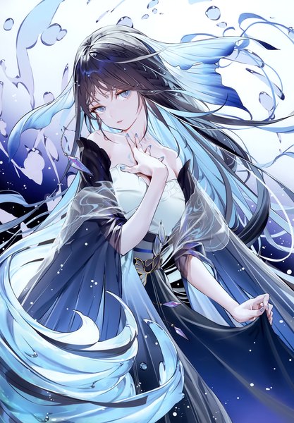 Anime picture 2409x3465 with original kitada mo single tall image looking at viewer fringe highres breasts blue eyes black hair very long hair nail polish head tilt multicolored hair fingernails wide sleeves hand on chest colored inner hair underwater girl
