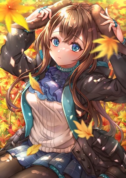 Anime picture 1416x2000 with arknights amiya (arknights) tamaso single long hair tall image looking at viewer blush fringe breasts blue eyes brown hair sitting signed animal ears outdoors long sleeves pleated skirt wind blurry
