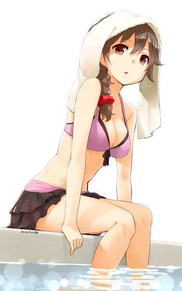 Anime picture 600x956 with idolmaster idolmaster cinderella girls senkawa chihiro nagian single long hair tall image looking at viewer fringe breasts light erotic simple background brown hair white background sitting bare shoulders brown eyes signed bent knee (knees) braid (braids)