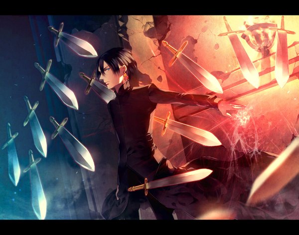 Anime picture 1960x1540 with recall maniacs regulus (recall maniacs) sunakumo single highres short hair blue eyes black hair magic formal boy weapon earrings sword coat fire